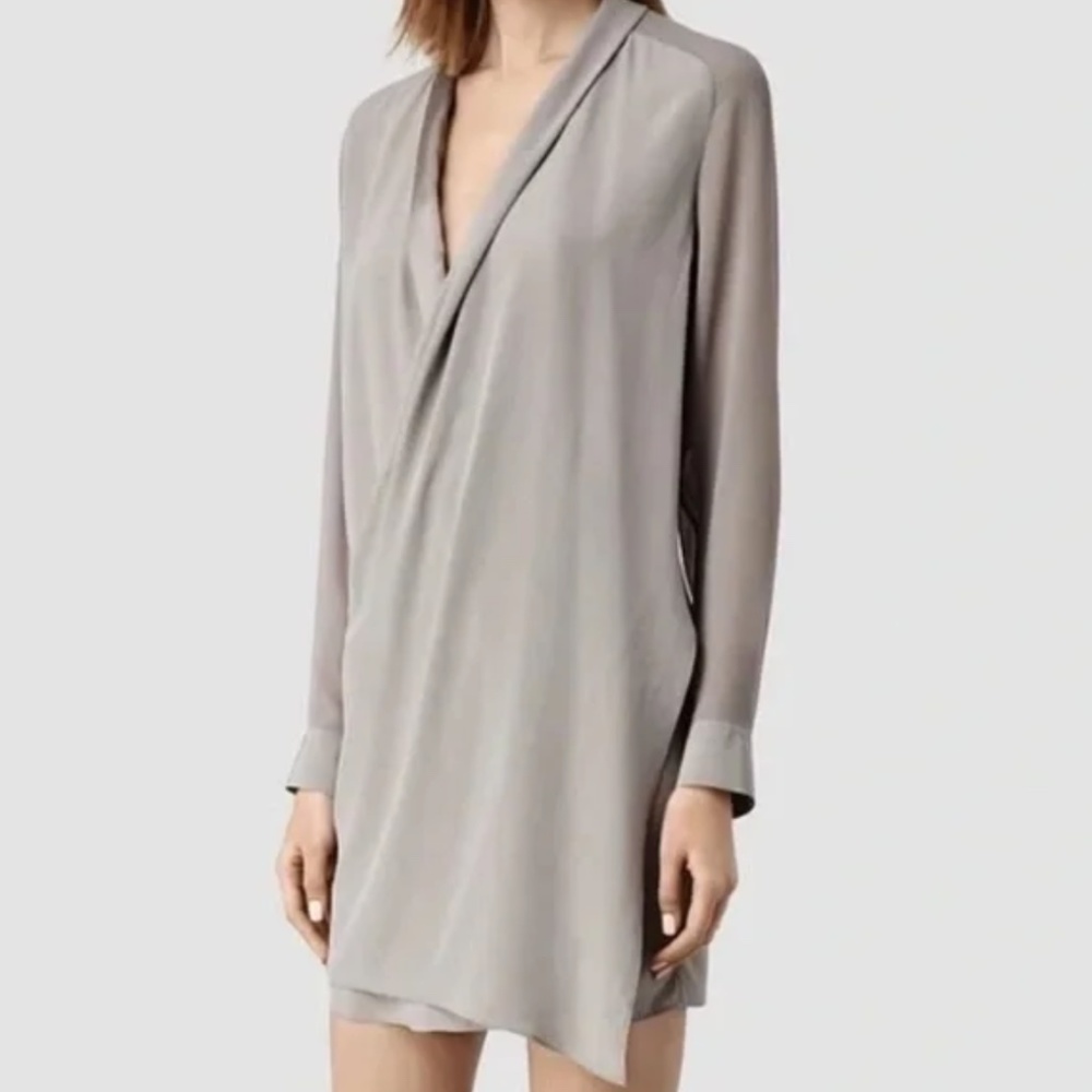 All Saints Gray Lucas Shirt Dress Silk Long Sleeve Mini